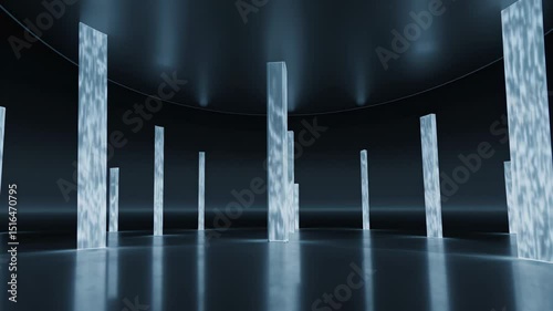Futuristic room with glowing crystalline pillars arranged in symmetry over reflective black floor under ambient lighting

