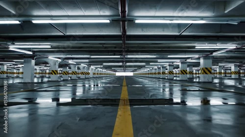 Underground parking garage with glossy wet floor, fluorescent lighting, and rows of concrete columns in perfect symmetry

