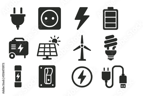 Energy icons: solar, battery, wind, plug, lightning, power switch, generator, bulb