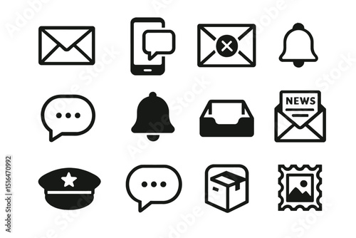 Set of various communication and notification icons with envelopes and bells