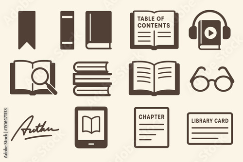 Library icons: books, e-reader, glasses, and library card set