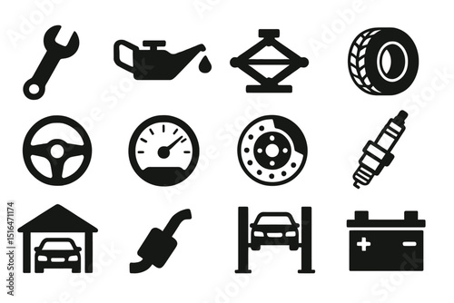 Car maintenance icons: tools, oil, tire, steering wheel, speedometer, brake, spark plug, garage, battery