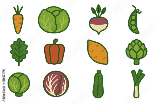 Colorful assorted vegetables icons on green background, featuring carrot, cabbage, and peas