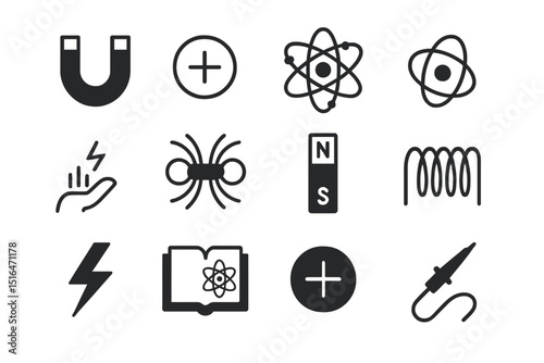 Set of science icons featuring magnet, atom, and electric symbols on dark background