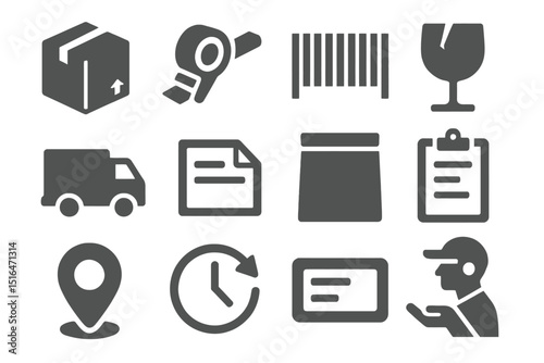 Logistics icons set including box, tape, barcode, and delivery symbols