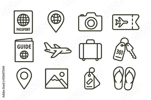 Travel icons: passport, location, camera, ticket, guide, airplane, luggage, tags, flip-flops