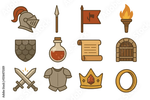 Medieval icon set with armor, weapons, crown, torch, scroll, and shield on gold background