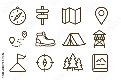 Outdoor adventure icons: compass, map, tent, boot, watchtower, trees, destination