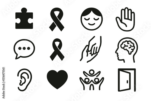 Icons representing mental health awareness and support