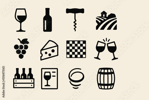 Wine icons collection: glass, bottle, corkscrew, vineyard, grapes, cheese, celebration, barrel