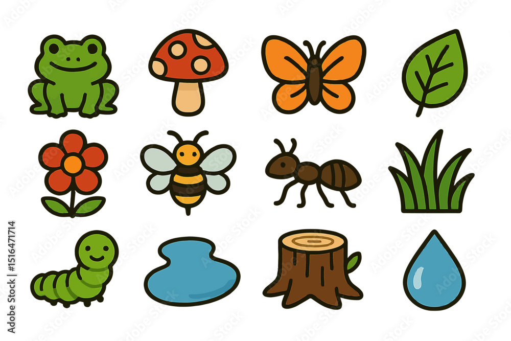 Naklejka premium Colorful nature icons featuring animals, plants, and insects