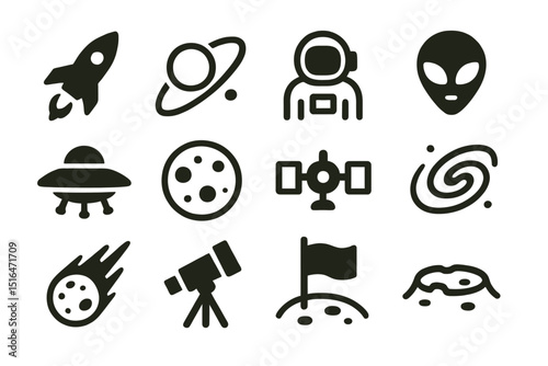 Space exploration icons: rocket, astronaut, ufo, telescope, alien, moon, planet, satellite