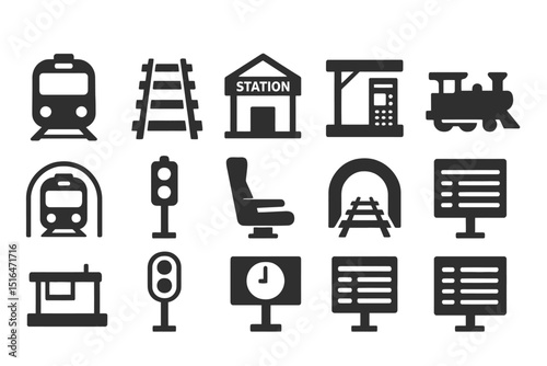 Set of train and railway icons including station and signals on dark background