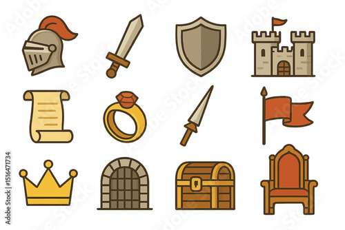 Medieval icons set with helmet, sword, shield, castle, scroll, ring, spear, flag, crown, gate, chest, and throne