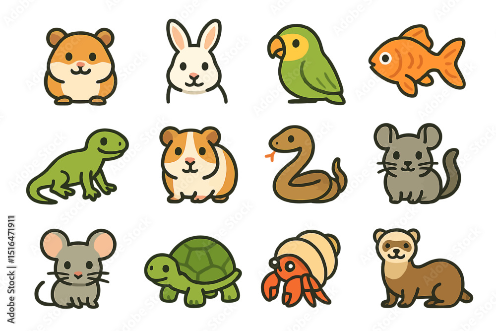 Cute cartoon animals: hamster, bunny, parrot, goldfish, lizard, guinea pig, snake, mouse, turtle, hermit crab, ferret
