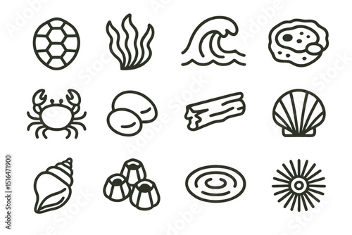 Sea themed outline icons: shell, wave, crab, seaweed, sunburst, sponge, logs, bubbles