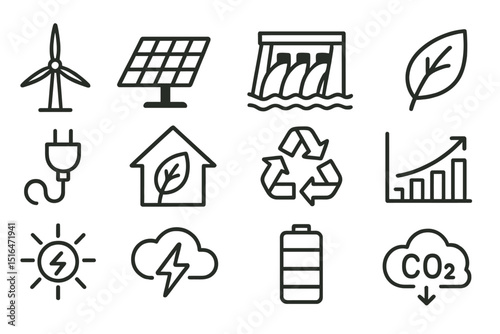 Eco-friendly energy icons: wind, solar, recycling, hydroelectric, sustainability symbols