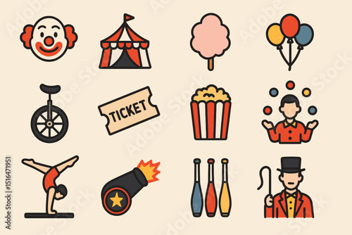 Circus icons: clown, tent, cotton candy, juggler, unicycle, acrobat, cannon, performer