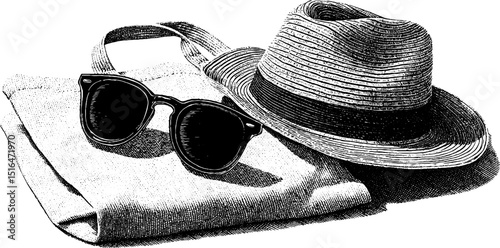 Retro summer fashion accessories with engraved straw hat and stylish sunglasses