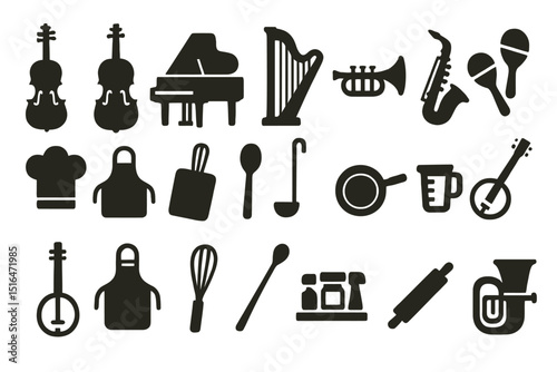 Silhouette of musical instruments and kitchen utensils on yellow background