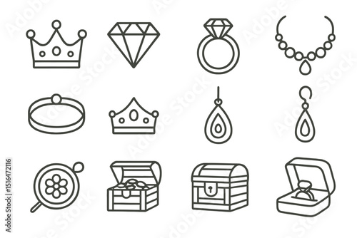 Elegant jewelry icons on gold background featuring crowns, diamonds, rings, and necklaces