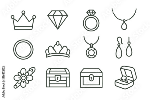 Collection of jewelry outlines: crowns, rings, necklaces, earrings on green background