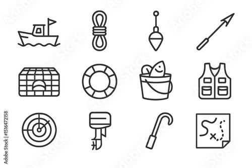 Outline icons of fishing gear: boat, rope, fish, hook, vest, map