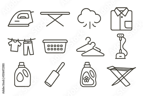 Laundry icons: iron, ironing board, clothesline, laundry basket, detergent