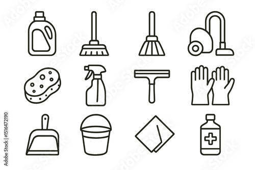 Cleaning equipment icons: mop, vacuum, gloves, sponge, spray bottle, bucket