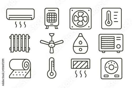 Home heating and cooling icons: air conditioning, fans, thermostats, and humidifiers