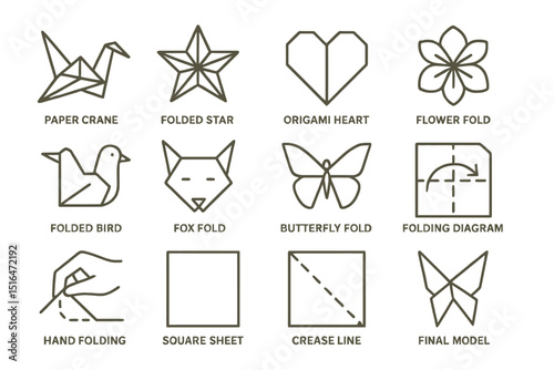 Origami diagram collection: crane, star, heart, fox, butterfly, flowers