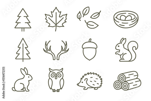 Outline illustrations of nature symbols including wildlife and forest elements