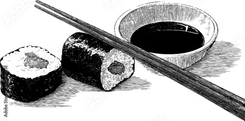 Engraved sushi roll and chopsticks set with soy sauce bowl for culinary art design