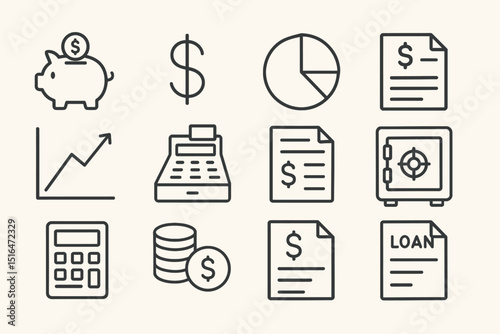 Financial and banking icons: savings, loans, investments, and calculations