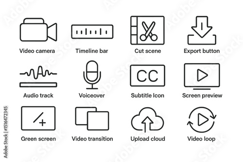 Video editing icons: camera, timeline, scissors, export, audio, voice, subtitle, screen