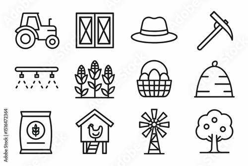 Farm equipment and agriculture icons set featuring tractor, windmill, and more