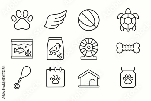 Pet care essentials: toys, food, and accessories icons for animals