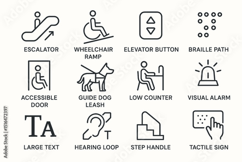 Accessibility icon set: inclusivity symbols featuring assistance devices and signs