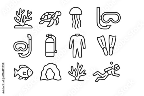 Scuba diving gear icons: snorkel, tank, flippers, wetsuit, marine life