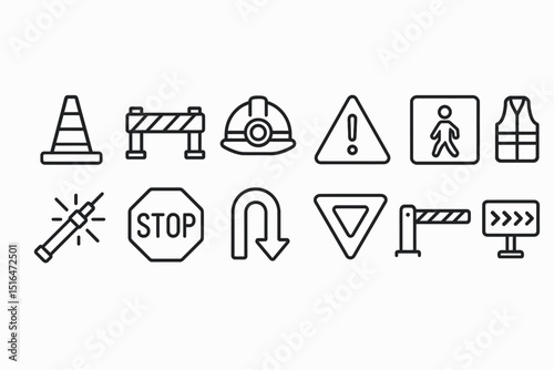 Collection of traffic and safety icons: cones, signs, barriers, and helmets in outline style