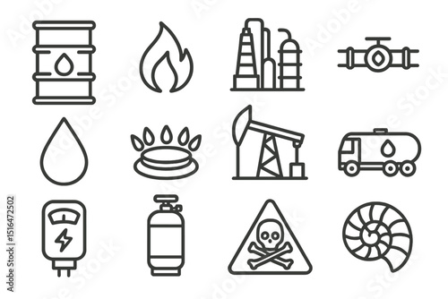 Oil industry icons: barrel, flame, refinery, pipeline, gas, pumpjack, transport, warning