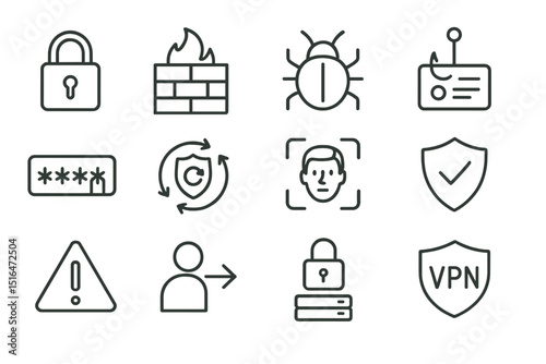 Cybersecurity icons: lock, firewall, bug, antenna, shield, alert, vpn