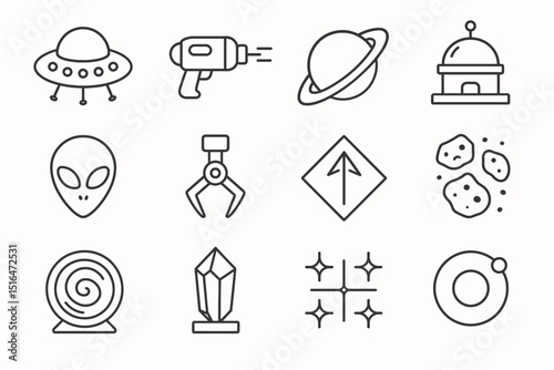 Space icons: ufo, ray gun, alien, planets, space station, asteroids, galaxy, crystals