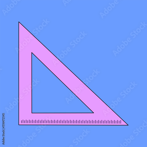 Purple school triangle shaped corner ruler on blue background. Flat cartoon educational tool for measuring and drawing. For back to school theme, education visual, educational concept, classroom decor