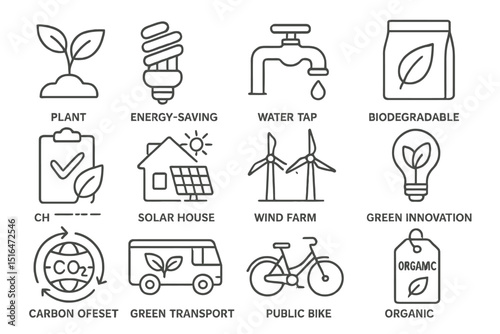 Eco-friendly icons representing sustainability and green energy concepts