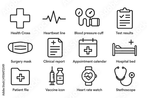 Medical icon set featuring cross, heartbeat, blood pressure, and stethoscope symbols