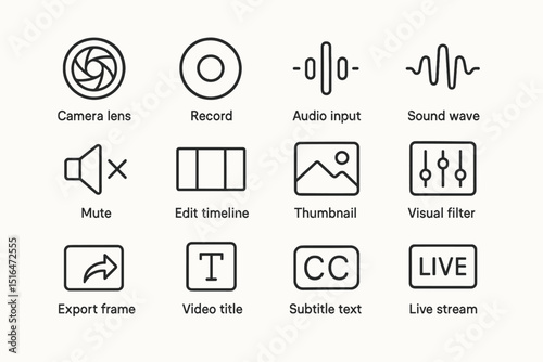 Video editing icon set featuring camera lens, audio, and live stream symbols