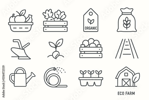 Eco farm icons: organic harvest, tools, and garden symbols