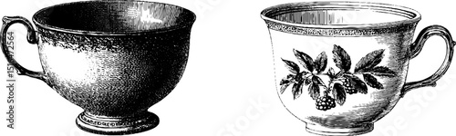 Elegant vintage tea cup set engraved design for historical decor or collectible art