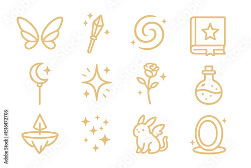 Set of magical symbols: butterfly, wand, spiral, book, moon, star, rose, potion, compass, stars, rabbit, mirror